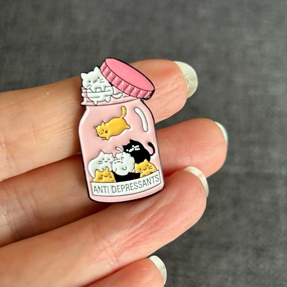 Fun, Kawaii Style ANTIDEPRESSANTS Cat Brooch Pin, Pink, Black, Gold, White